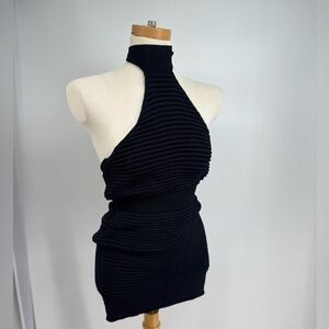 Maniere De Voir Chunky Knit Black Halter Open Back Mini Dress